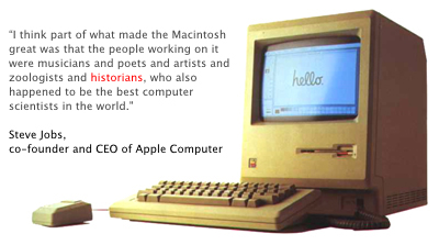 Old classic Mac with a quote from Steve Jobs in text